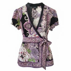 Bebe Floral Print V-Neck Wrap Short Sleeve Silk Top Size Medium